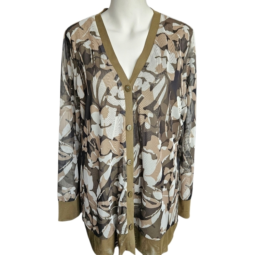 Chicos 2 (Large‎ 12-14) Camo Floral Mesh Button Front L/S Cardigan NWT